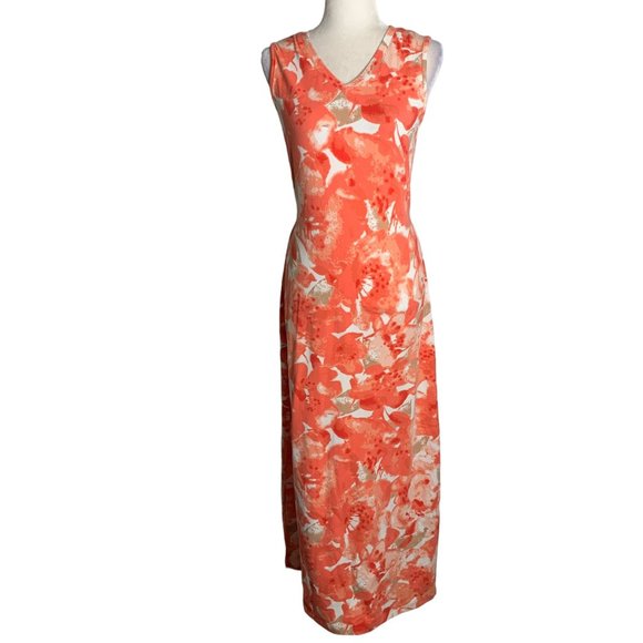 Denim Co Sleeveless Maxi Dress XXS Orange Floral V Neck Waist Tie Stretch - Picture 1 of 6